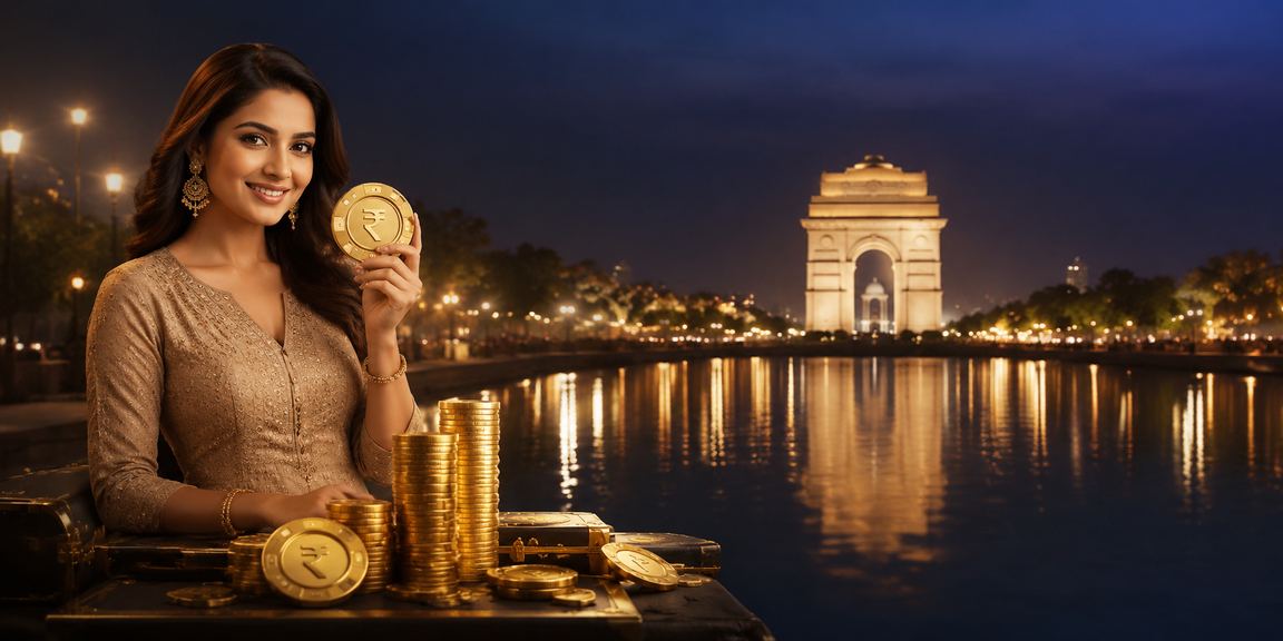 India Gate in Delhi with festive lottery visuals